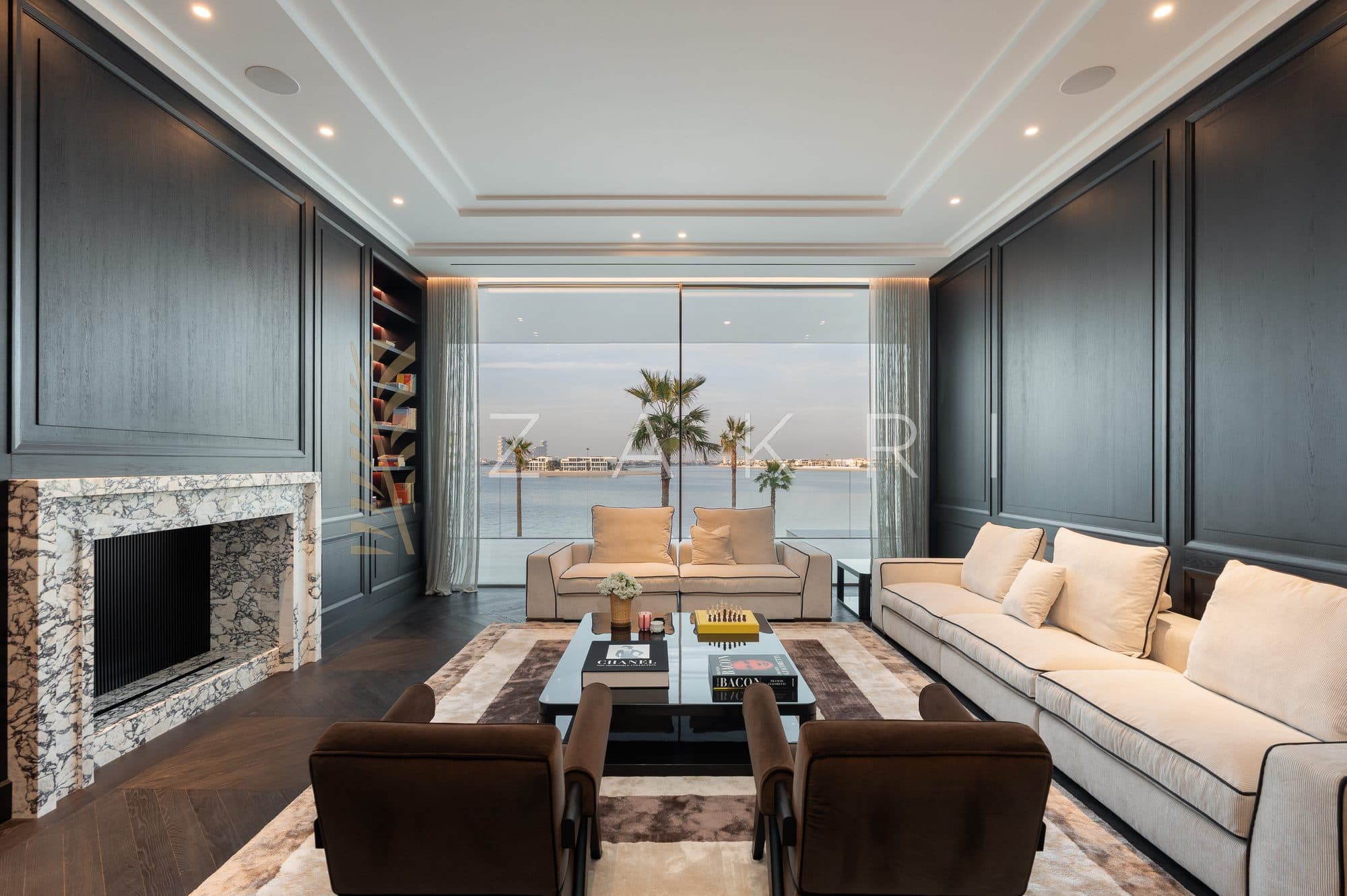 The formal sitting room with fireplace and timber panelling