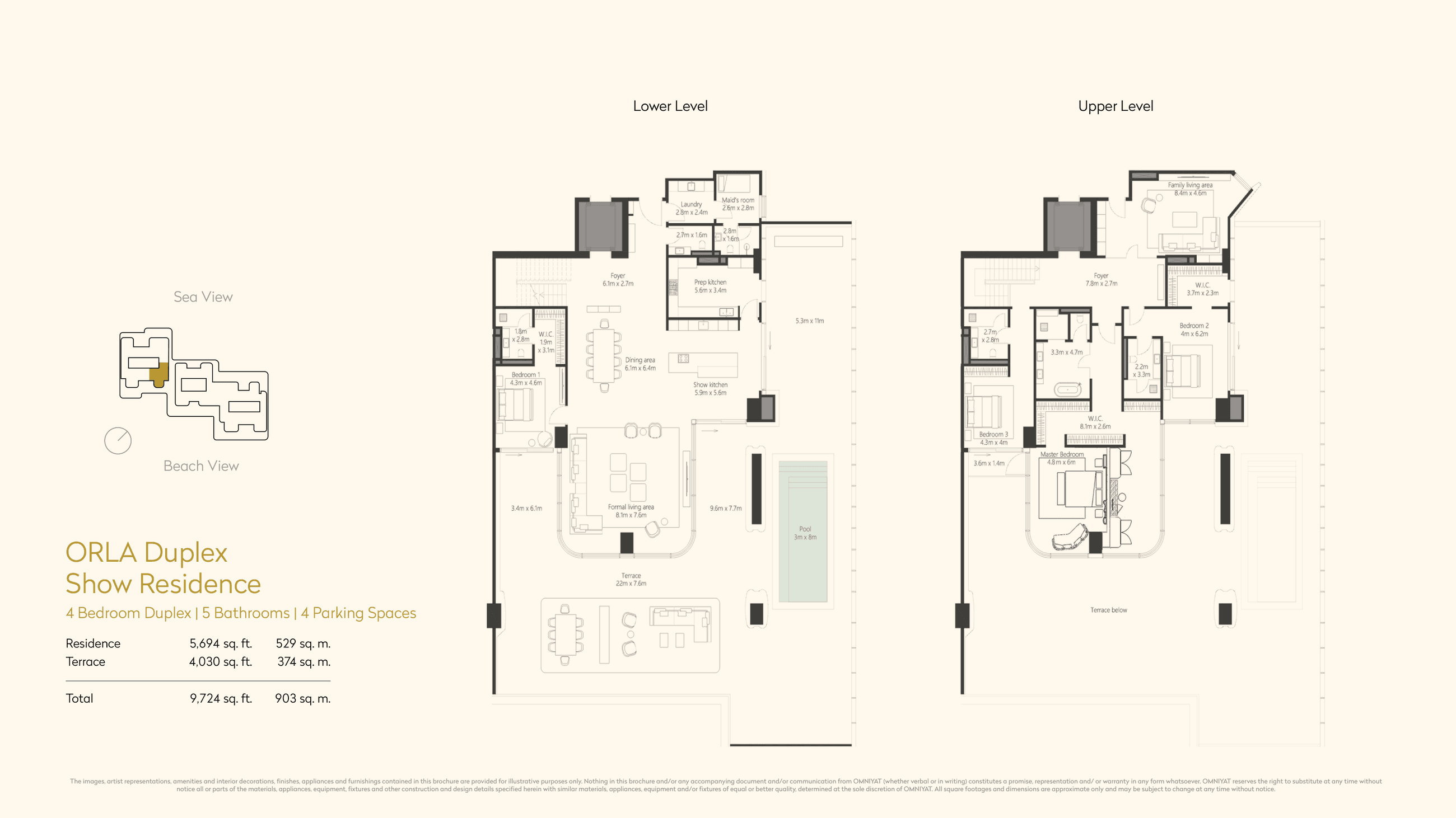 Floor plan of both levels, with room dimensions and areas