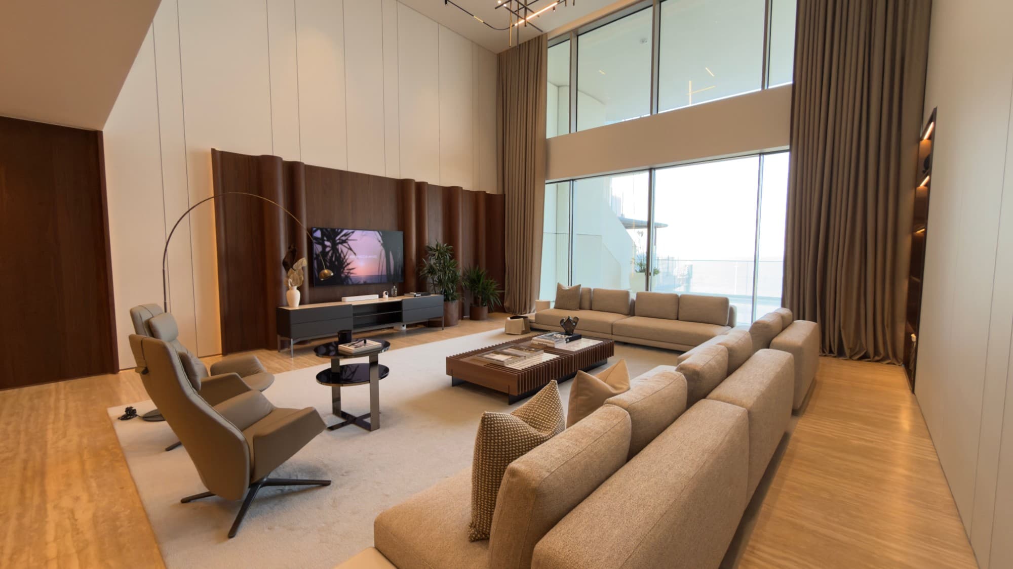 The double height living room, under the full height of two floors