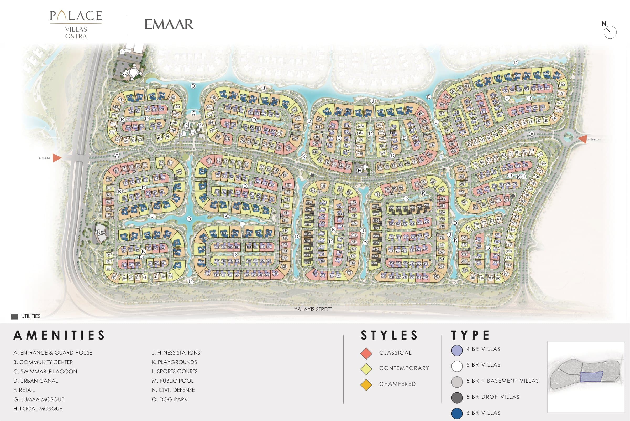 Emaar's cluster plan for Palace Villas Ostra, with the swimmable lagoon, the urban canals and the villa types keyed by colour