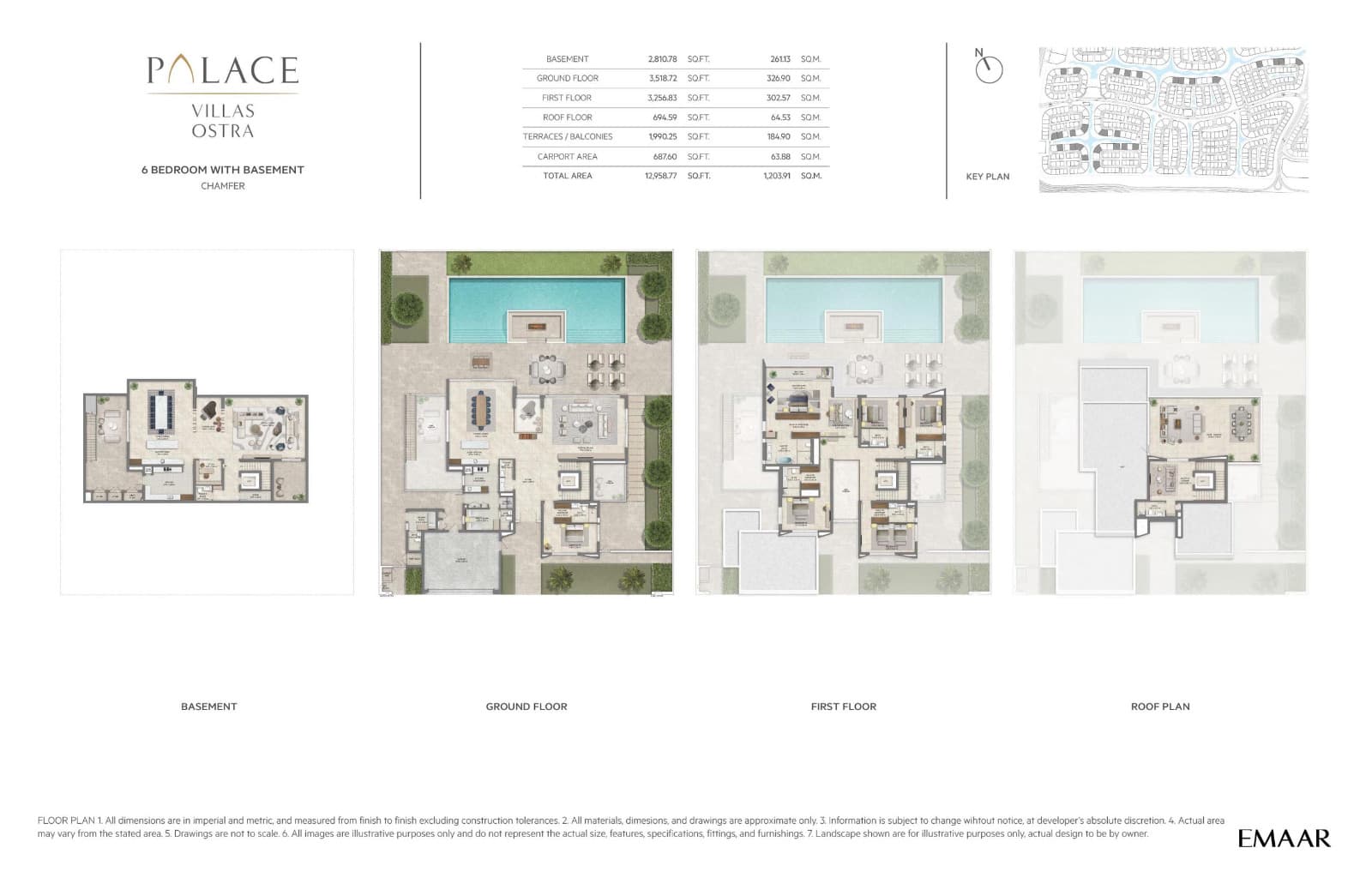 Emaar's floor plan for the six bedroom Palace Villas Ostra, over basement, ground, first and roof floors
